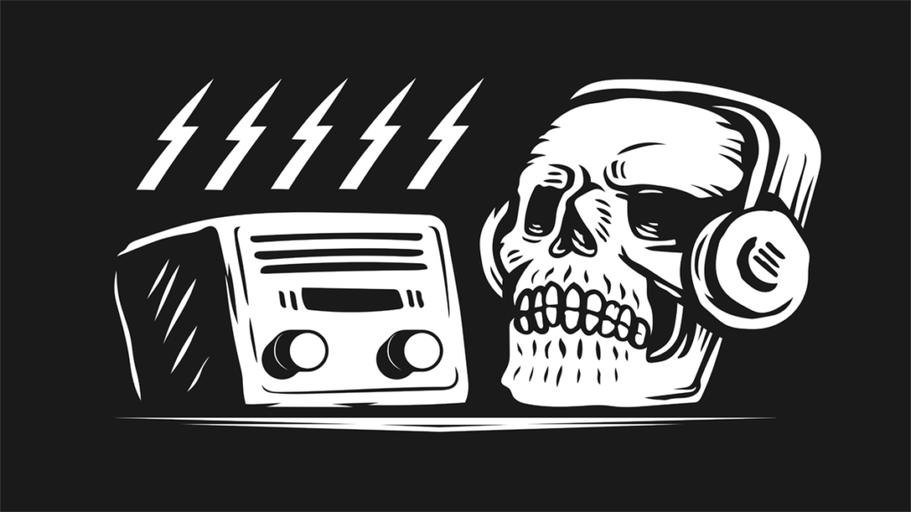 skull with headphones listening to the radio