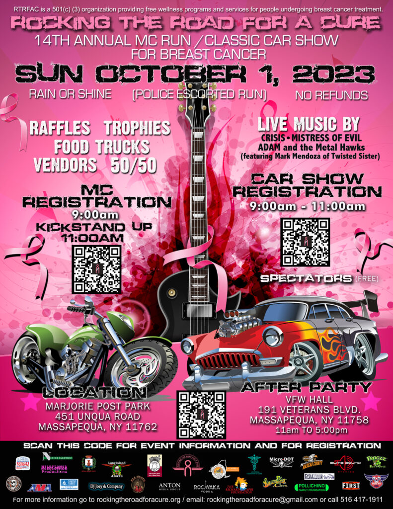 pink flyer with motorcycle and a hot rod car